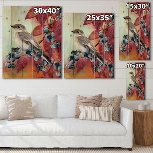 Designart - Little Gray Bird On Red Autumn On Blueberry Twig - Traditional Print on Natural Pine Wood